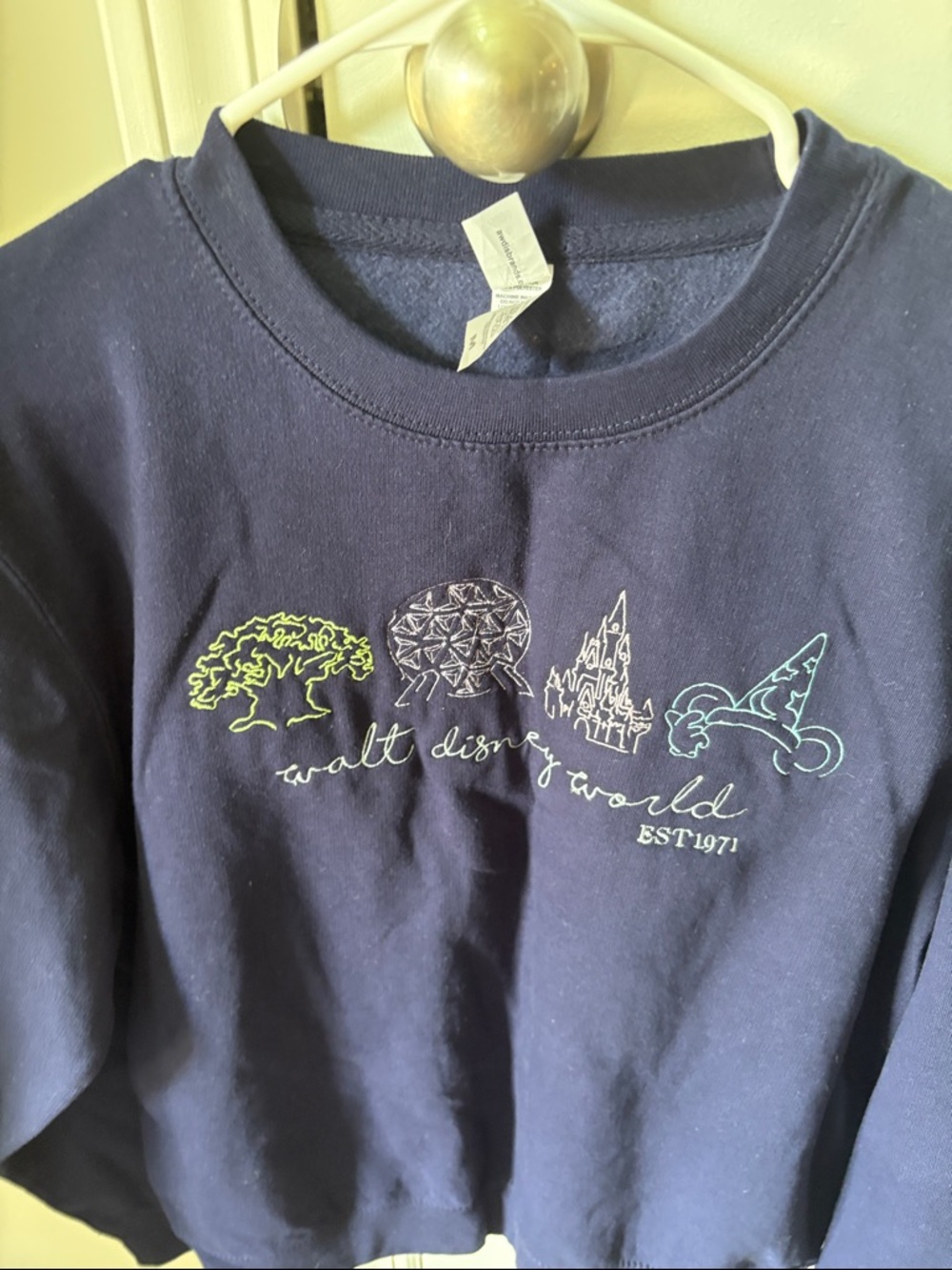 Disney Navy Graphic Sweatshirt with Embroidered Multicolor Icons